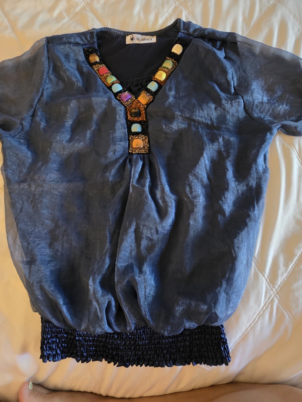 U Moda Womens Blue Sheer Chiffon Beaded V-Neck Top Smocked Waist Blouse